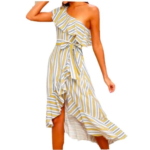 Lulu's Yellow White Striped high low ruffle preppy one shoulder Dress medium EUC - Picture 14 of 14